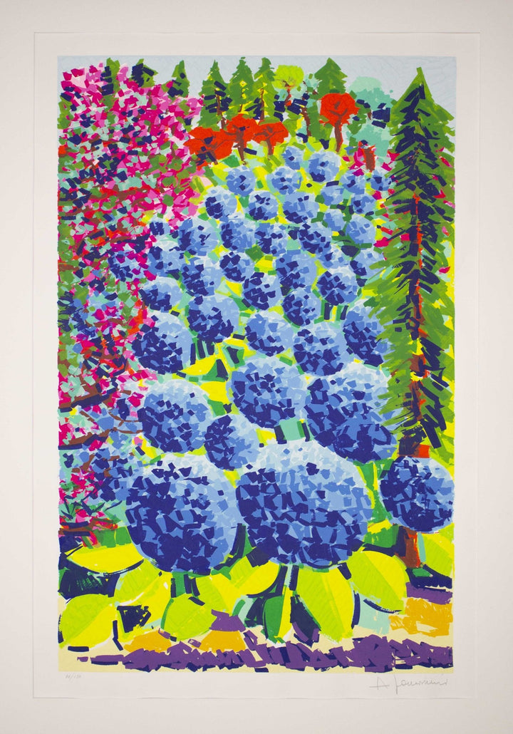 Athos Faccincani, La cascata delle ortensie blu, Serigrafia polimaterica, 1997 - EmporiumArt